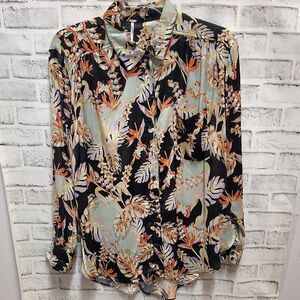 Free People Black and Orange Buttoned Notched Collar Blouse